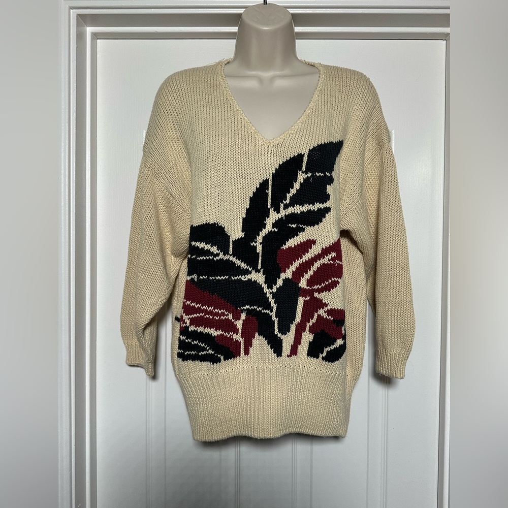 Vintage SB Sport Ramie Cotton Blend Korean Thick Knit Cream Abstract Sweater